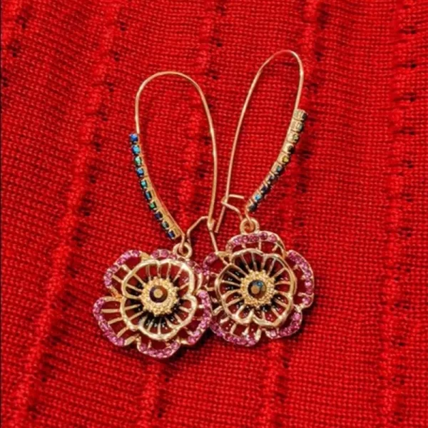 Exquisite Rose Flower Hook Earrings – Gold Tone with Red Enamel & Colorful Crystals 2
